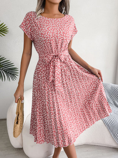 Women Summer Casual Floral Print Short Sleeve Pleated Dress