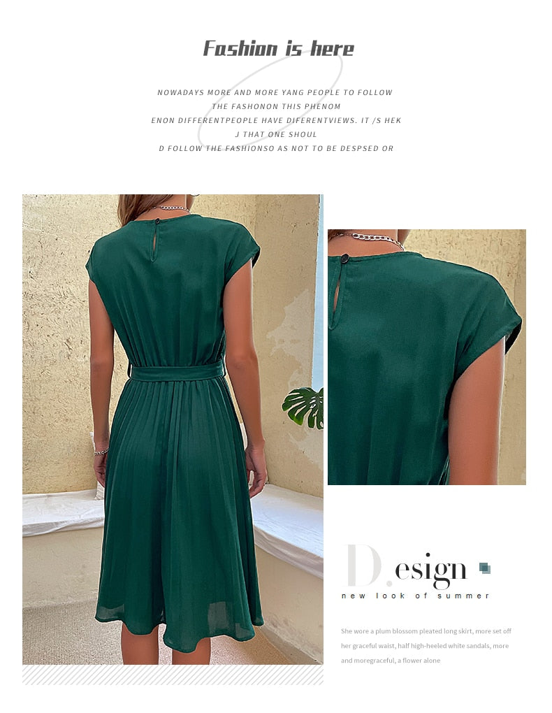 Elegant Women Summer Casual Beach Sundress Short Sleeve Pleated Midi Dress Soild Colour O Neck Tunic Dresses Fashion