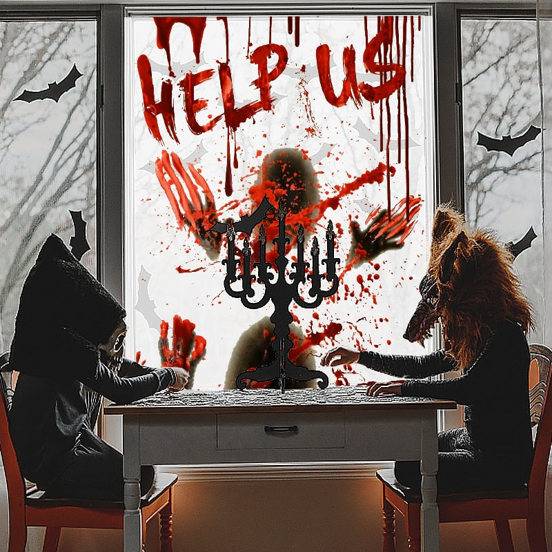 Halloween Window Door Decoration Window Clings Door Posters with Scary Bloody Handprints for Halloween Haunted House Party Decor