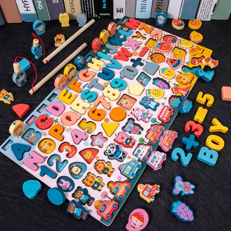 Montessori Educational Wooden Math Toys Children Busy Board Count Shape Colors Match Fishing Puzzle Learning Toys Gifts