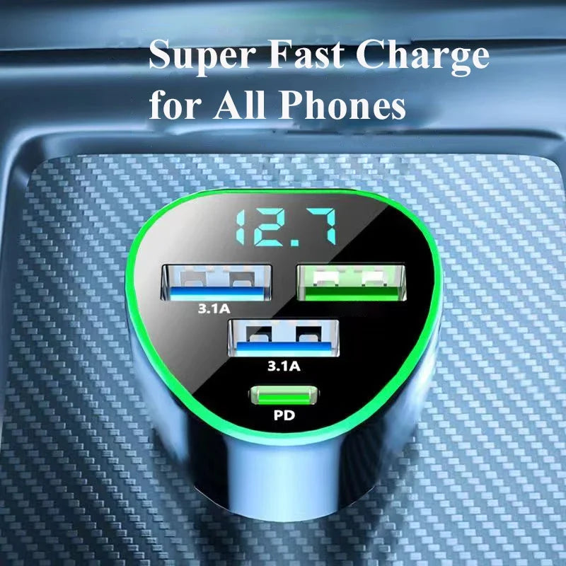 Car Phone Charger USB Type C Super Fast Charge in Car with LED Voltage Monitor