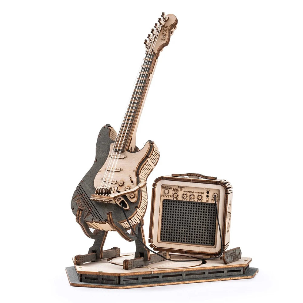 Electric Guitar 3D Wooden Puzzle for Kids Adults Assembly Creative Toys Building Block Set for Christmas Gifts