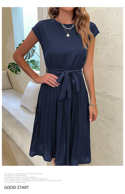 Elegant Women Summer Casual Beach Sundress Short Sleeve Pleated Midi Dress Soild Colour O Neck Tunic Dresses Fashion