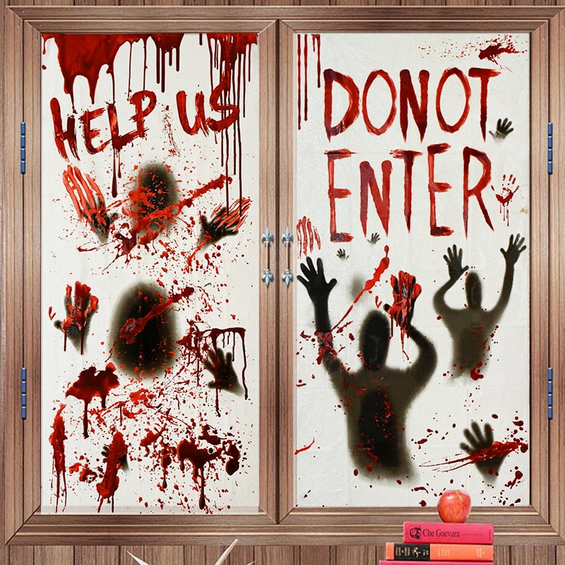 Halloween Window Door Decoration Window Clings Door Posters with Scary Bloody Handprints for Halloween Haunted House Party Decor