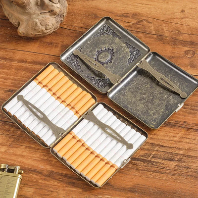 Vintage Metal Cigarette Case Box with Double Sided Spring Clip Open Retro Cigarete Case for Regular 20 Cigarettes Men Gifts