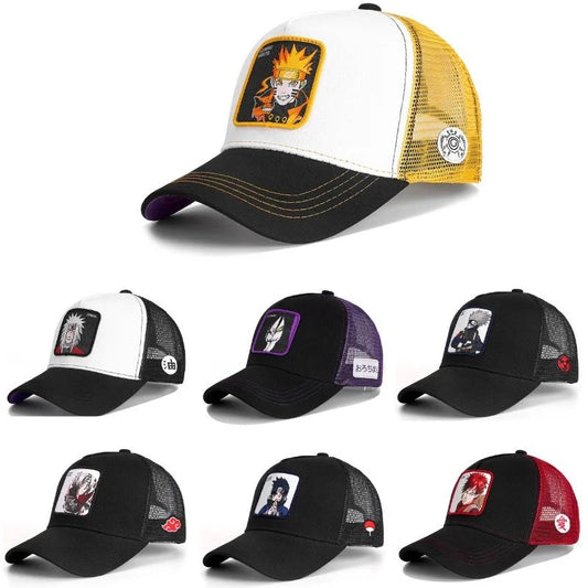 Collection of Naruto-themed baseball caps on a white background