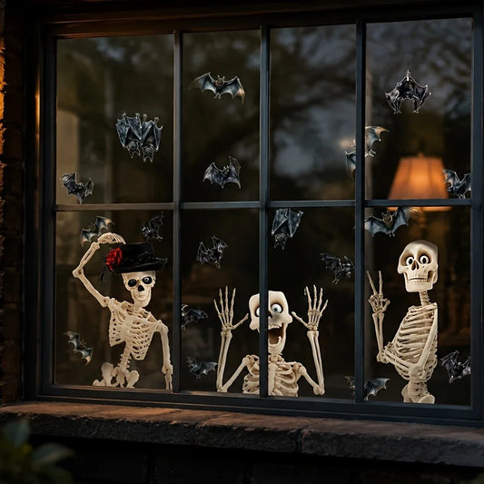 4 pieces / set. Fun and scary skull bat Halloween static cling window stickers.