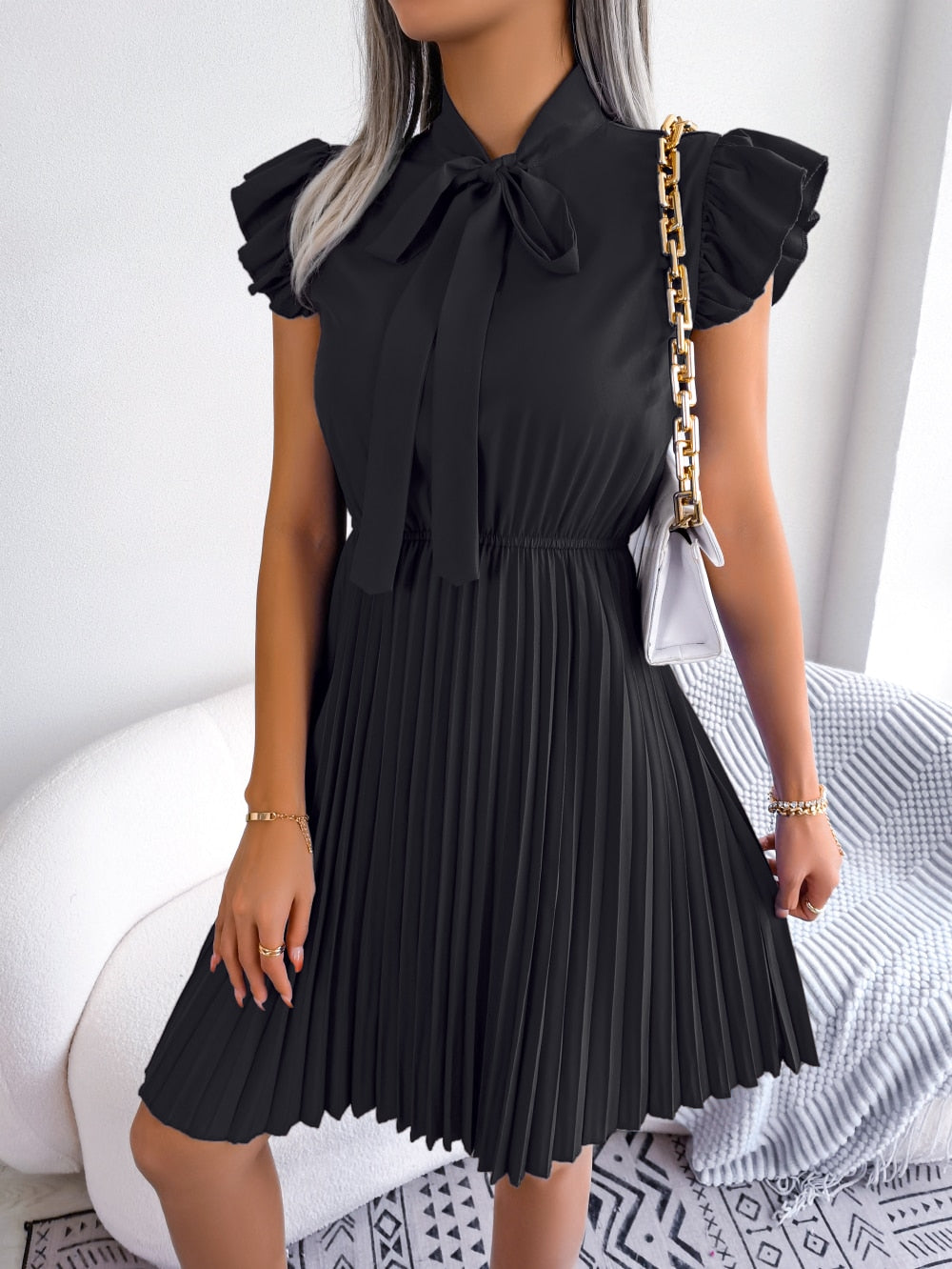Women Summer Elegant Bow Ruffles Short Sleeve Pleated Dress midi dresses women