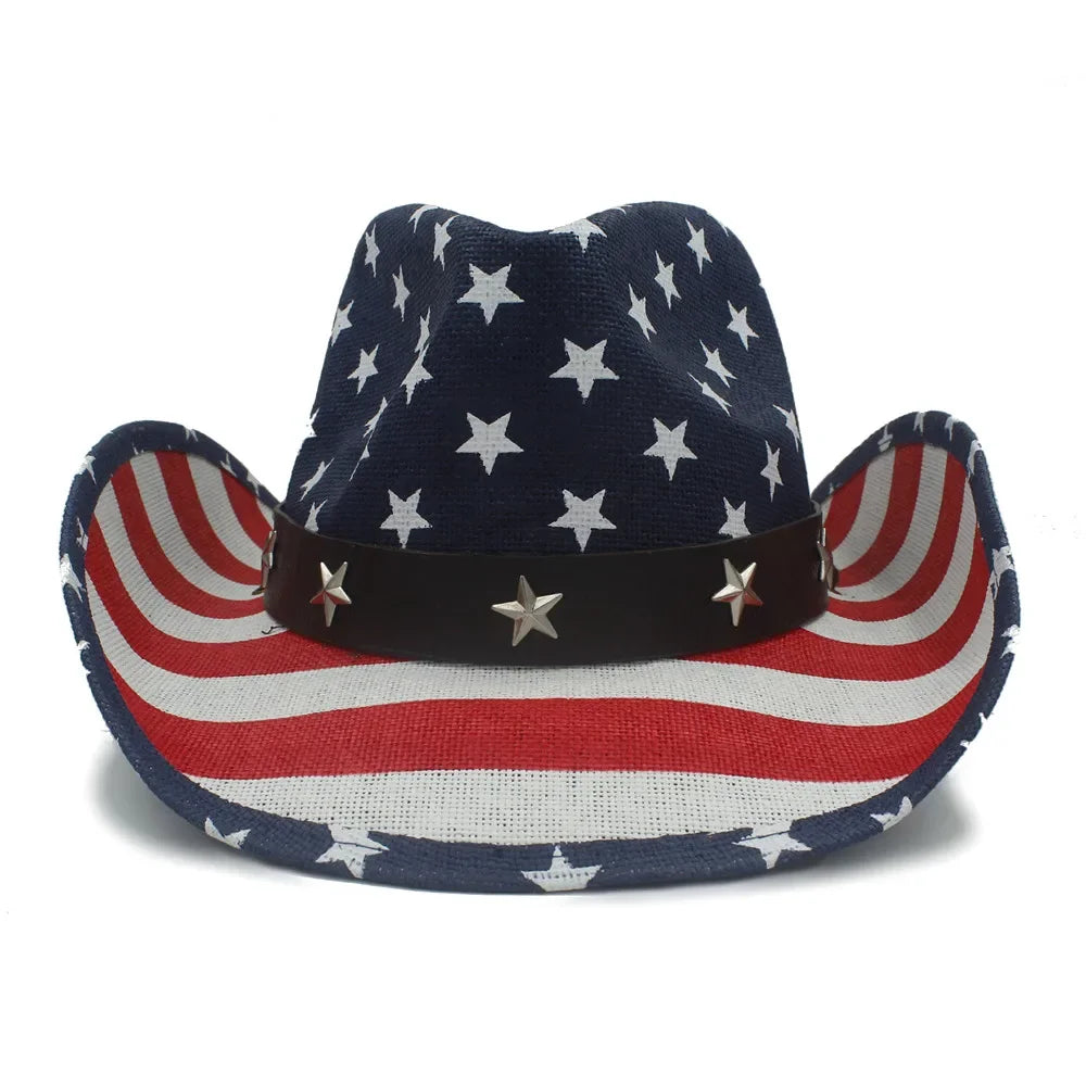 American Flag Cowboy Hats For Men Wide Brim Usa Cowgirl Chapeau Homme Cap Usa Flag Straw Cowboy Hat