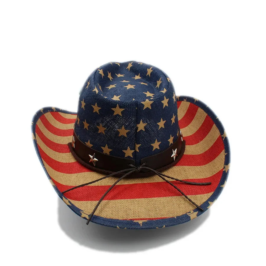 American Flag Cowboy Hats For Men Wide Brim Usa Cowgirl Chapeau Homme Cap Usa Flag Straw Cowboy Hat