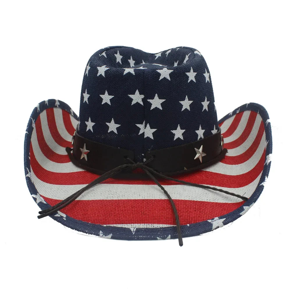 American Flag Cowboy Hats For Men Wide Brim Usa Cowgirl Chapeau Homme Cap Usa Flag Straw Cowboy Hat