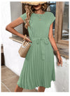 Elegant Women Summer Casual Beach Sundress Short Sleeve Pleated Midi Dress Soild Colour O Neck Tunic Dresses Fashion
