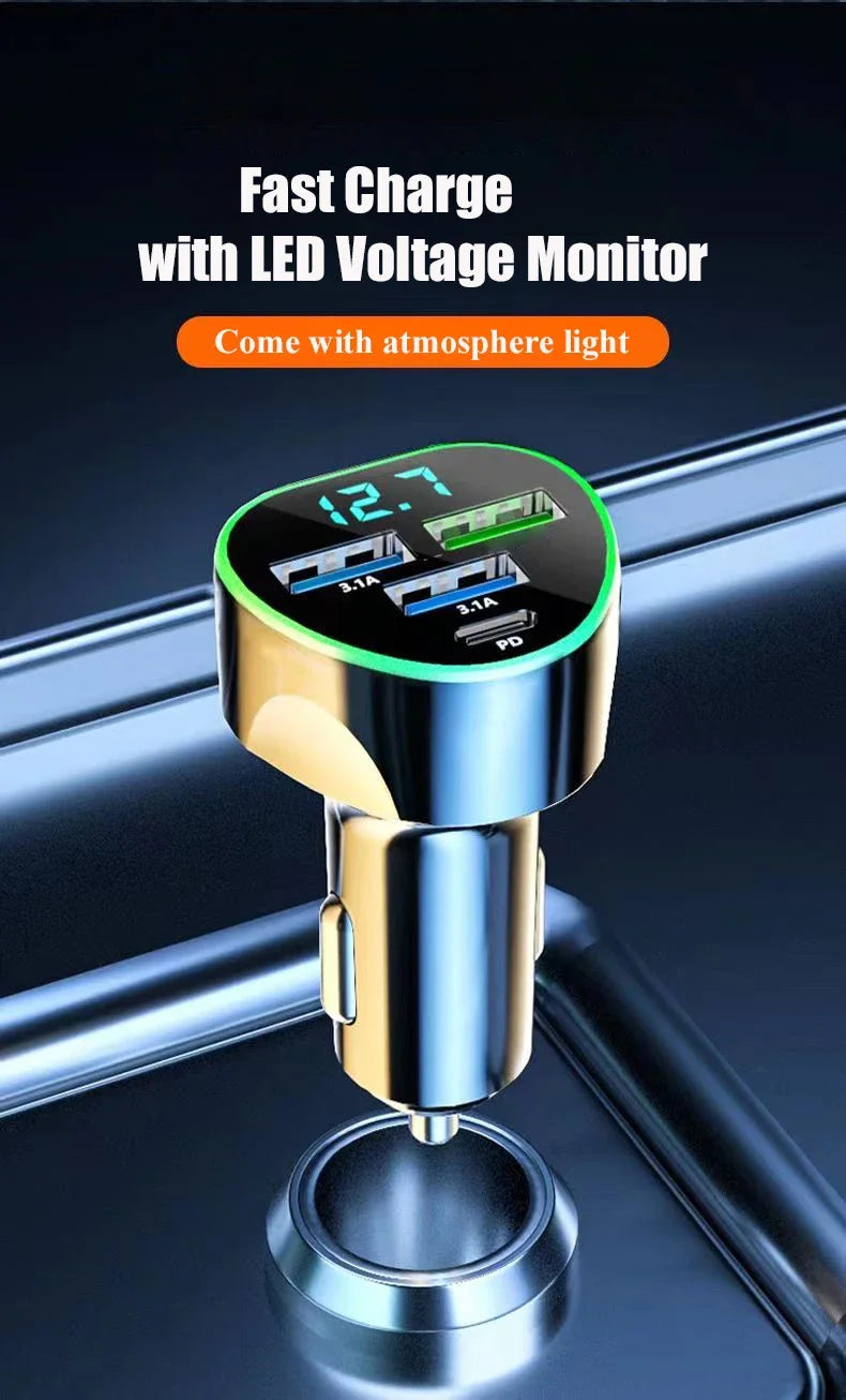 Car Phone Charger USB Type C Super Fast Charge in Car with LED Voltage Monitor