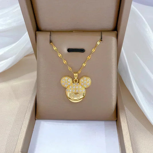 Mickey Minnie Mouse Studded with Zircon Necklace for Women Girl Stainless Steel Chain Sweet Gift for Friends Kids
