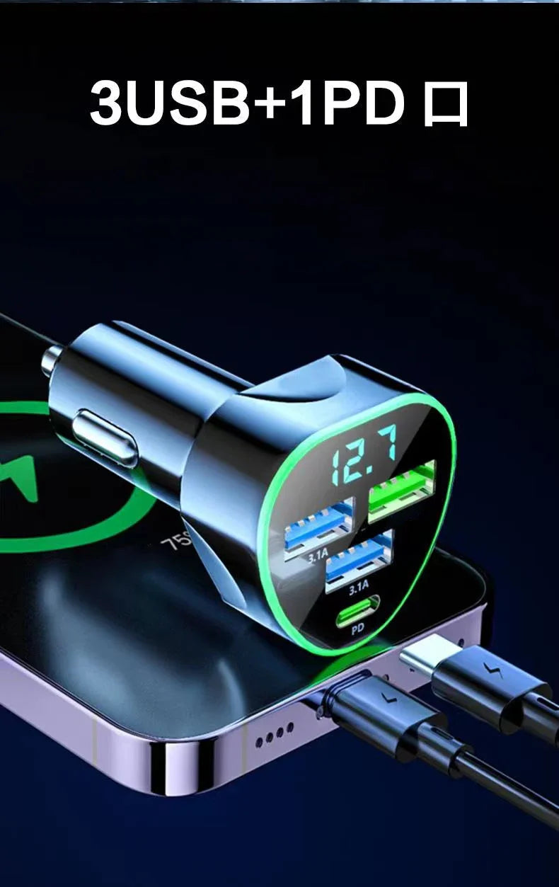 Car Phone Charger USB Type C Super Fast Charge in Car with LED Voltage Monitor