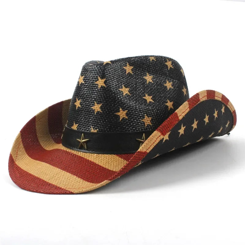 American Flag Cowboy Hats For Men Wide Brim Usa Cowgirl Chapeau Homme Cap Usa Flag Straw Cowboy Hat