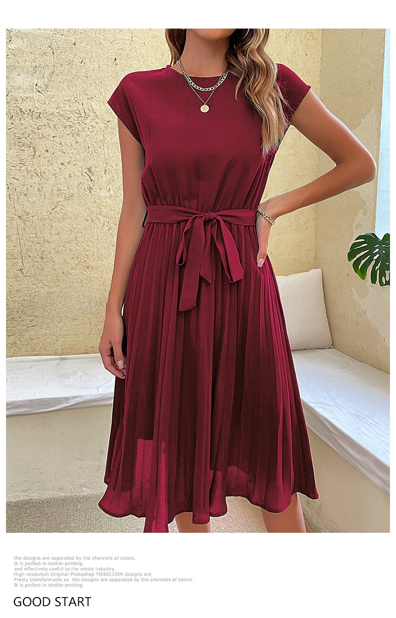 Elegant Women Summer Casual Beach Sundress Short Sleeve Pleated Midi Dress Soild Colour O Neck Tunic Dresses Fashion
