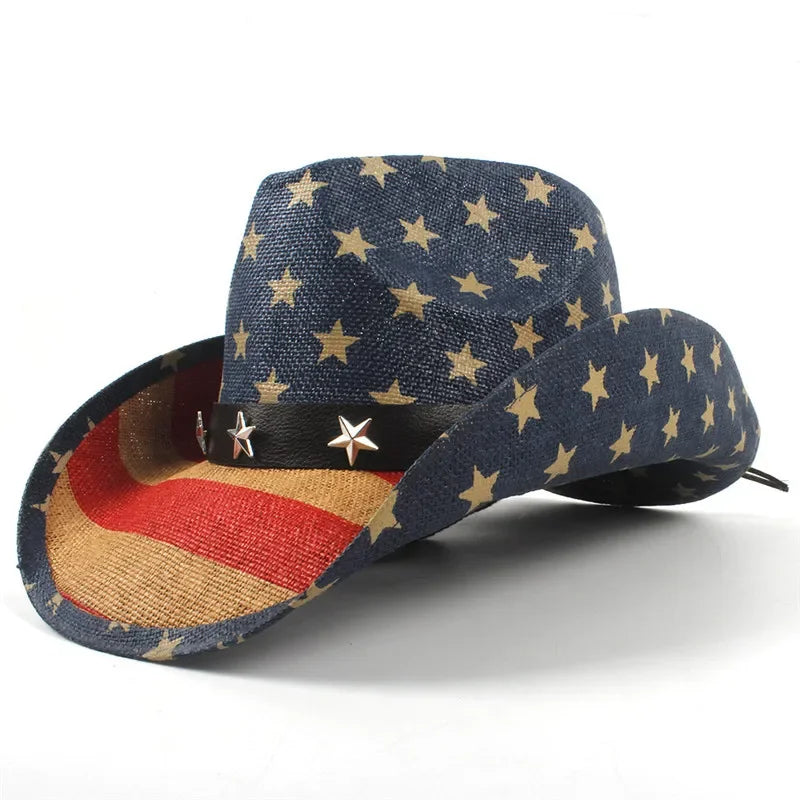American Flag Cowboy Hats For Men Wide Brim Usa Cowgirl Chapeau Homme Cap Usa Flag Straw Cowboy Hat