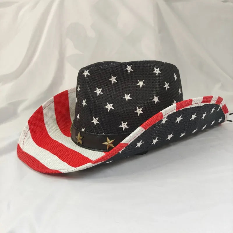 American Flag Cowboy Hats For Men Wide Brim Usa Cowgirl Chapeau Homme Cap Usa Flag Straw Cowboy Hat