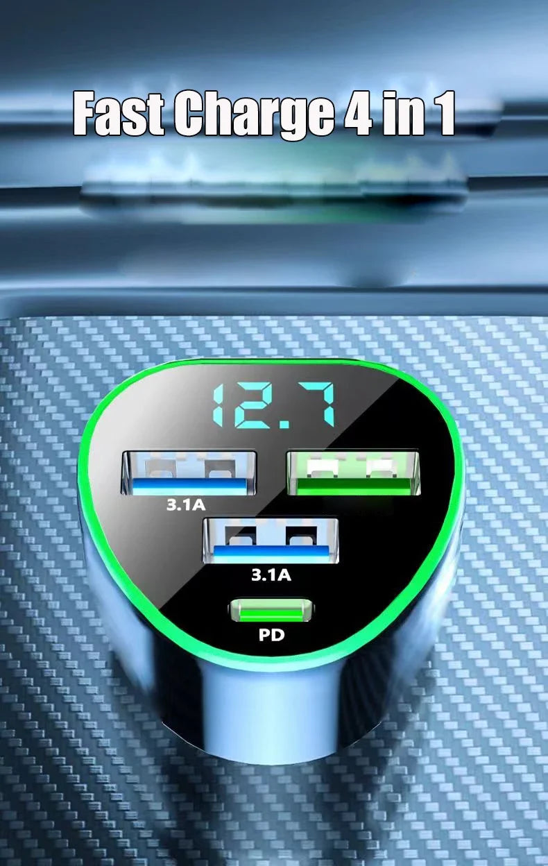 Car Phone Charger USB Type C Super Fast Charge in Car with LED Voltage Monitor
