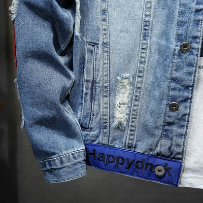 Denim Jacket Hip Hop Streetwear Punk Motorcycle Ripped Print Cowboy Outwear High Quality Casual Hole Male Jeans Coat
