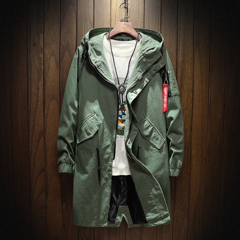 Long Trench Coat Jacket Men Cotton Autumn Spring Black Hip Hop Japanese Coats Streetwear Men's Hooded