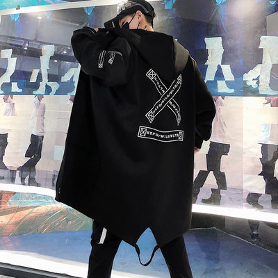 Hooded Jackets Print Harajuku Windbreaker Ribbon Overcoat Male Casual Outwear Hip Hop Streetwear Coats