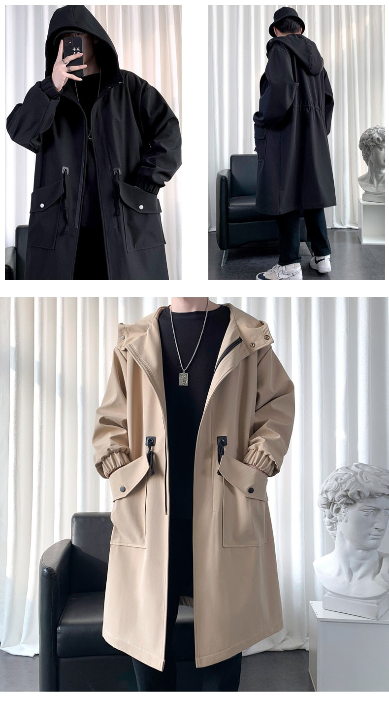 Long Trench Coat Jacket Men Cotton Autumn Spring Black Hip Hop Japanese Coats Streetwear Men's Hooded