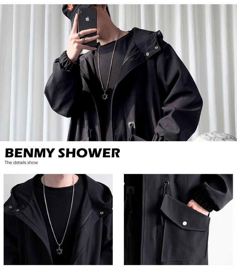 Long Trench Coat Jacket Men Cotton Autumn Spring Black Hip Hop Japanese Coats Streetwear Men's Hooded