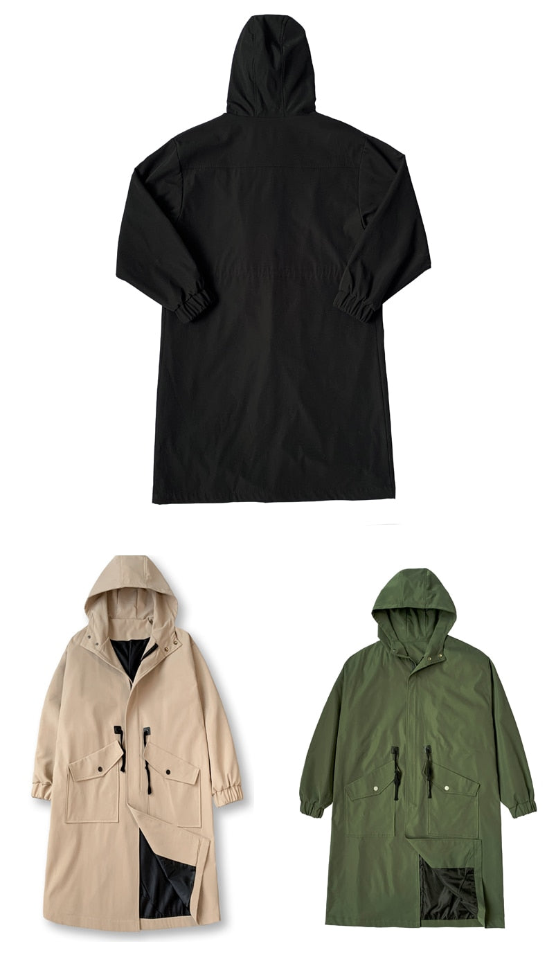 Long Trench Coat Jacket Men Cotton Autumn Spring Black Hip Hop Japanese Coats Streetwear Men's Hooded