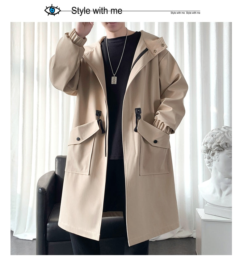 Long Trench Coat Jacket Men Cotton Autumn Spring Black Hip Hop Japanese Coats Streetwear Men's Hooded