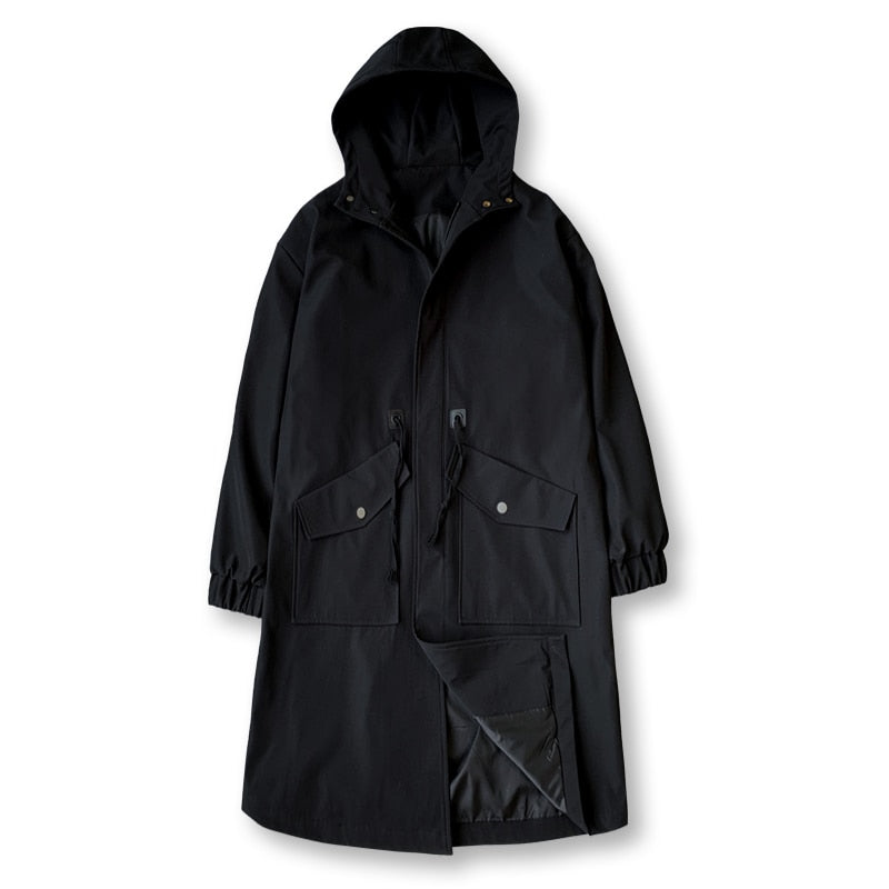 Long Trench Coat Jacket Men Cotton Autumn Spring Black Hip Hop Japanese Coats Streetwear Men's Hooded