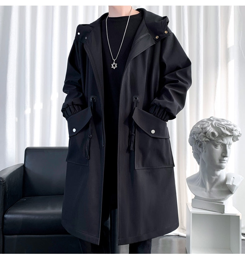 Long Trench Coat Jacket Men Cotton Autumn Spring Black Hip Hop Japanese Coats Streetwear Men's Hooded