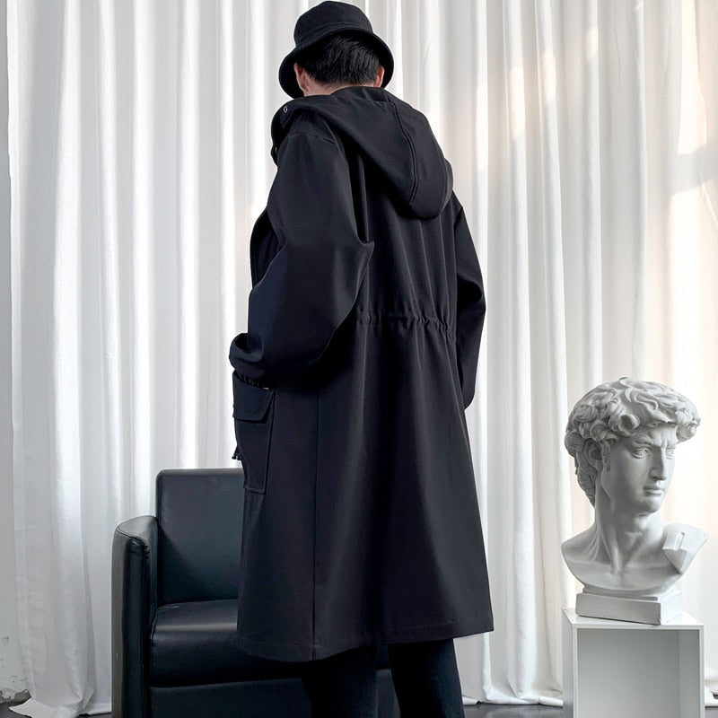 Long Trench Coat Jacket Men Cotton Autumn Spring Black Hip Hop Japanese Coats Streetwear Men's Hooded