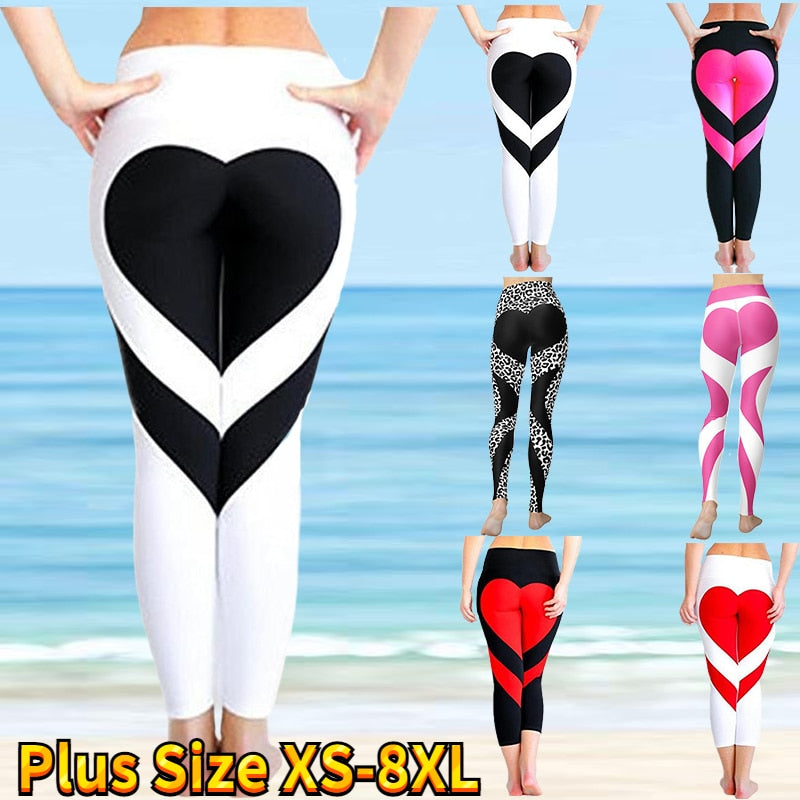 Sports Fitness Leggings Gym Heart Print Running Push-Up Leggings New Workout Sports Stretch Pants XS-8XL