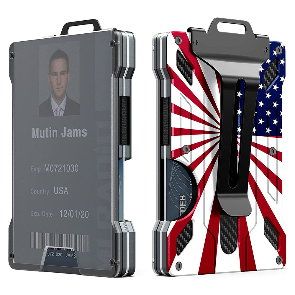 Wallet For Men Slim Aluminum Metal Money Clip with 1Clear window ID Badge Holder RFID Blocking Holds up 15 Cards with Cash Clip