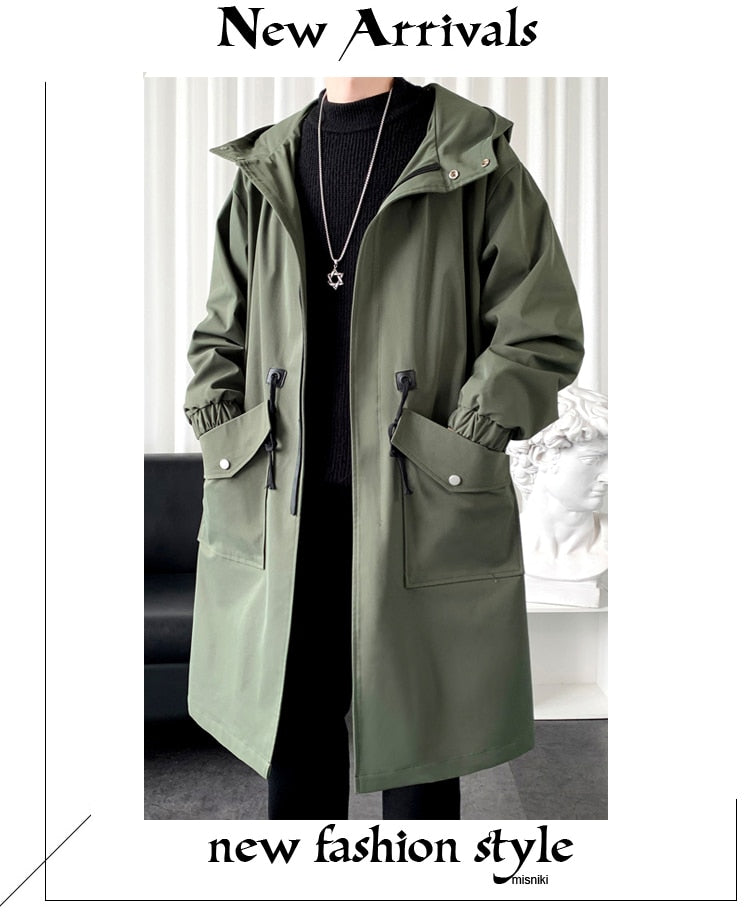 Long Trench Coat Jacket Men Cotton Autumn Spring Black Hip Hop Japanese Coats Streetwear Men's Hooded