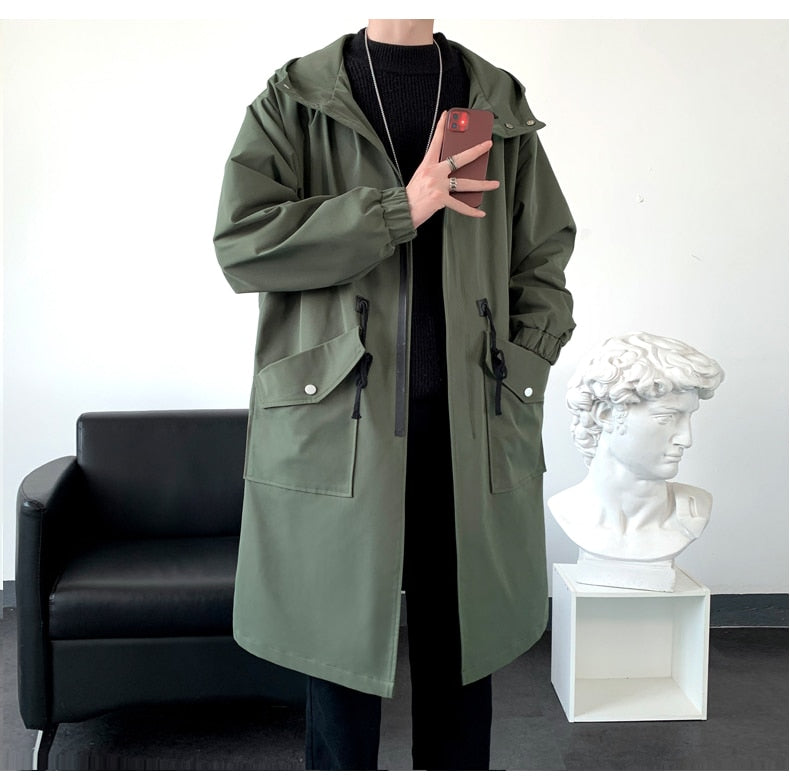Long Trench Coat Jacket Men Cotton Autumn Spring Black Hip Hop Japanese Coats Streetwear Men's Hooded