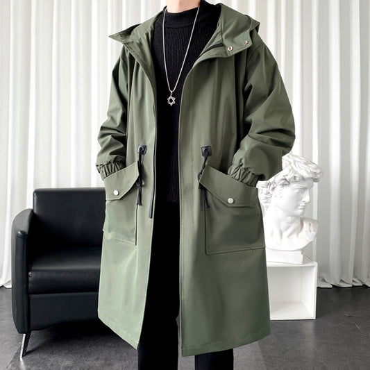 Long Trench Coat Jacket Men Cotton Autumn Spring Black Hip Hop Japanese Coats Streetwear Men's Hooded