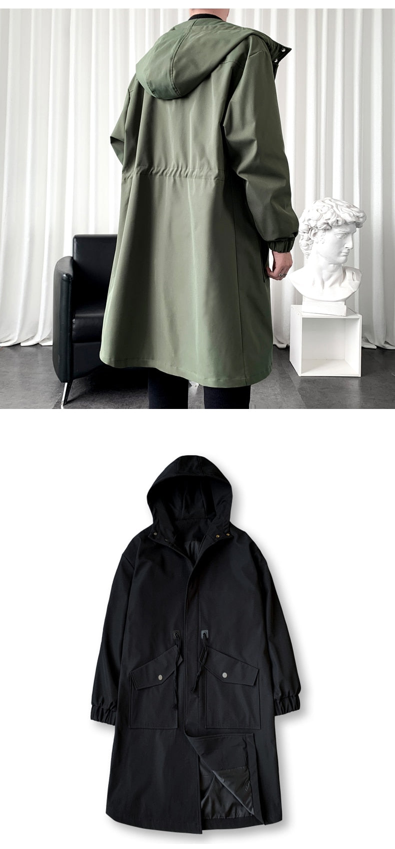 Long Trench Coat Jacket Men Cotton Autumn Spring Black Hip Hop Japanese Coats Streetwear Men's Hooded