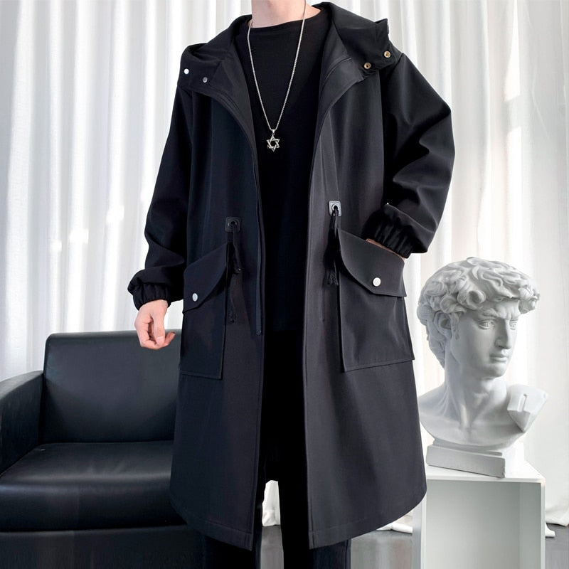 Long Trench Coat Jacket Men Cotton Autumn Spring Black Hip Hop Japanese Coats Streetwear Men's Hooded