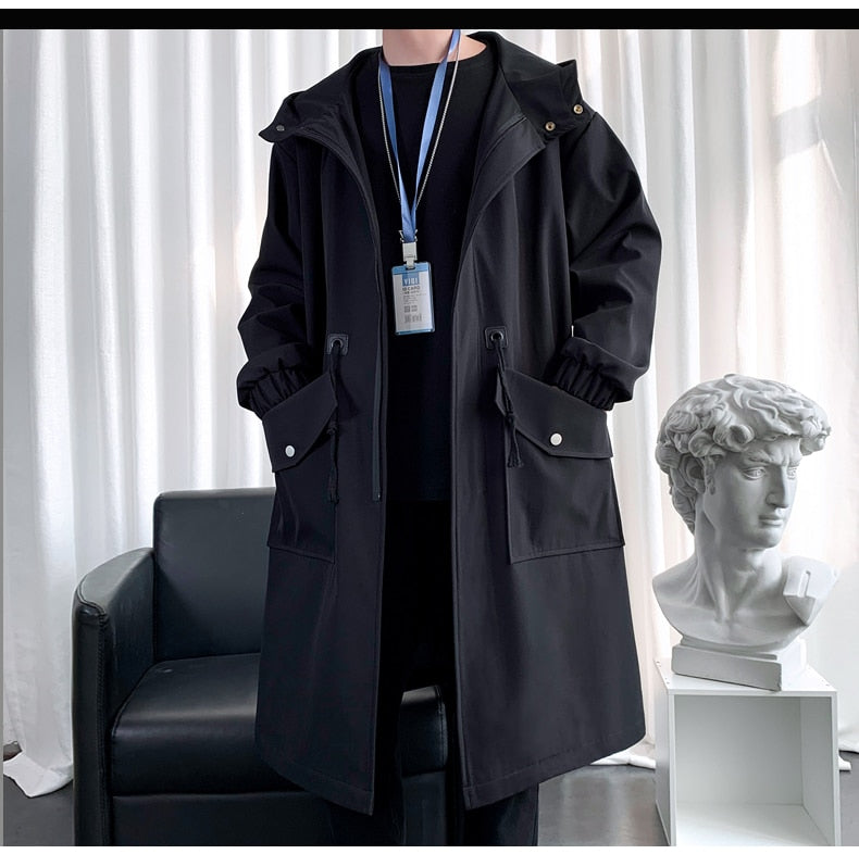 Long Trench Coat Jacket Men Cotton Autumn Spring Black Hip Hop Japanese Coats Streetwear Men's Hooded