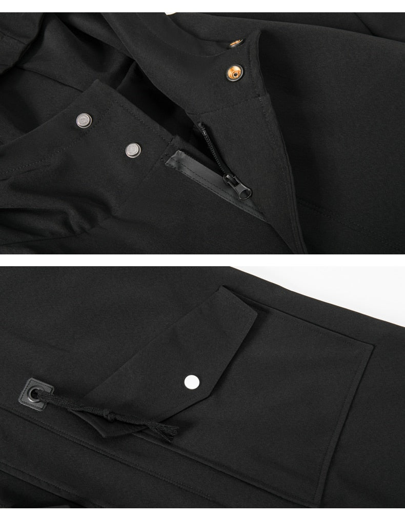Long Trench Coat Jacket Men Cotton Autumn Spring Black Hip Hop Japanese Coats Streetwear Men's Hooded