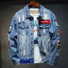 Denim Jacket Hip Hop Streetwear Punk Motorcycle Ripped Print Cowboy Outwear High Quality Casual Hole Male Jeans Coat