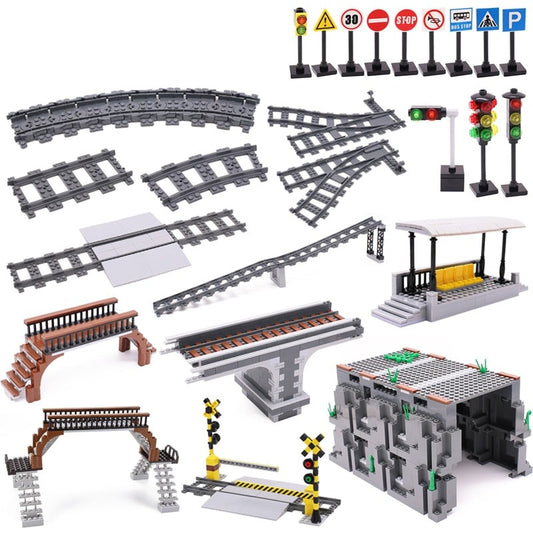 City Train Railway Build Model Kit Soft Cruved Straight Tracks Traffic Light Tunnel Compatible 53401 Blocks Bricks