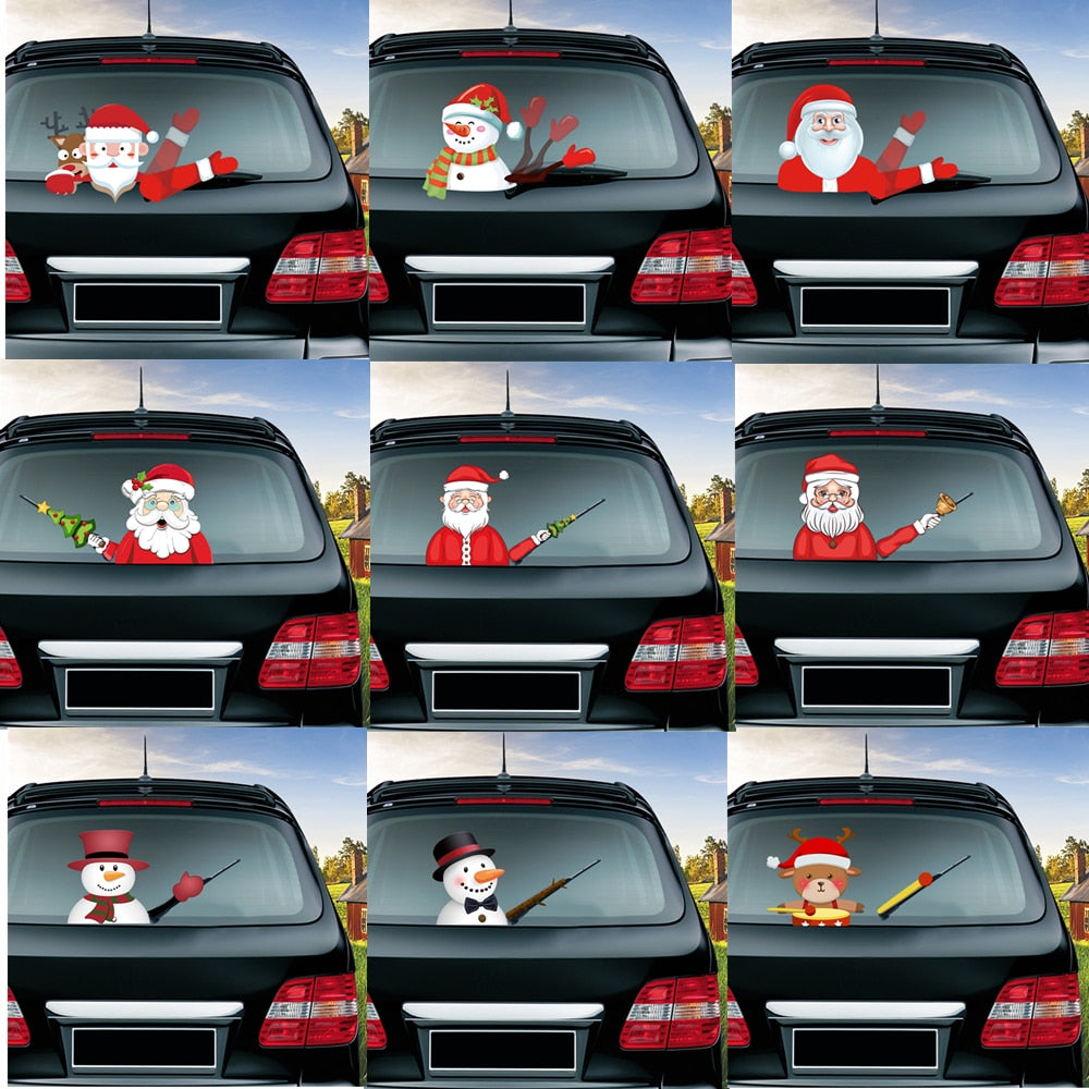 Car Stickers Cartoon Santa Claus Snowman & Elk Christmas Festive Car Rear Windshield Window Waving Wiper Stickers