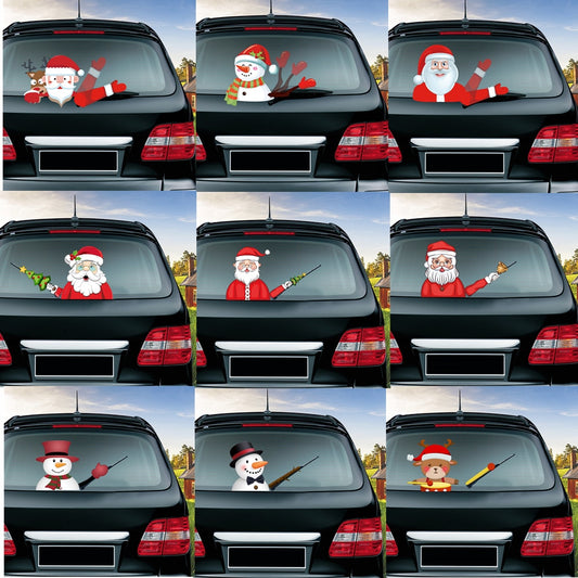 Car Stickers Cartoon Santa Claus Snowman & Elk Christmas Festive Car Rear Windshield Window Waving Wiper Stickers
