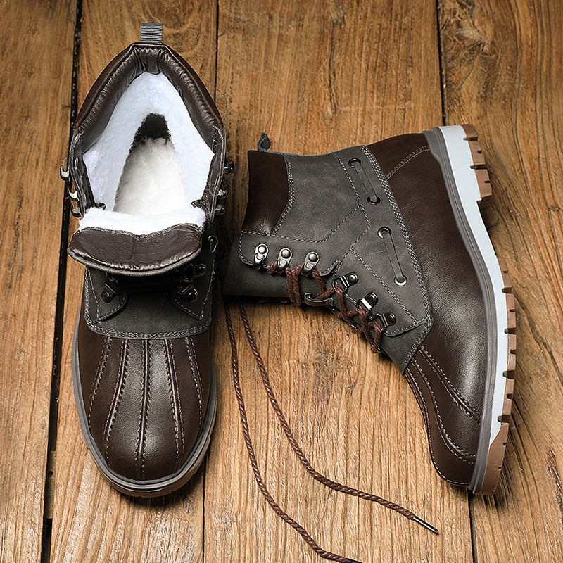 Boots Thick Plush Warm Snow Boots Lace-UP Men Ankle Boots Outdoor Waterproof Men's Motorcycle Boots