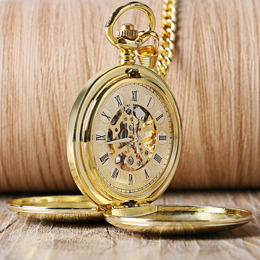 Mechanical Pocket Watch Full Gold Color Men Women Stylish Retro FOB Hand Wind Double Hunter