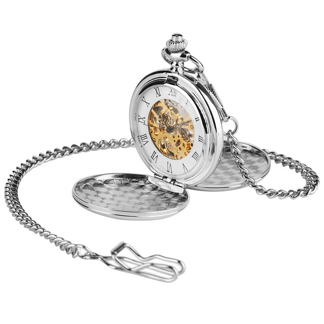Mechanical Pocket Watch Full Gold Color Men Women Stylish Retro FOB Hand Wind Double Hunter